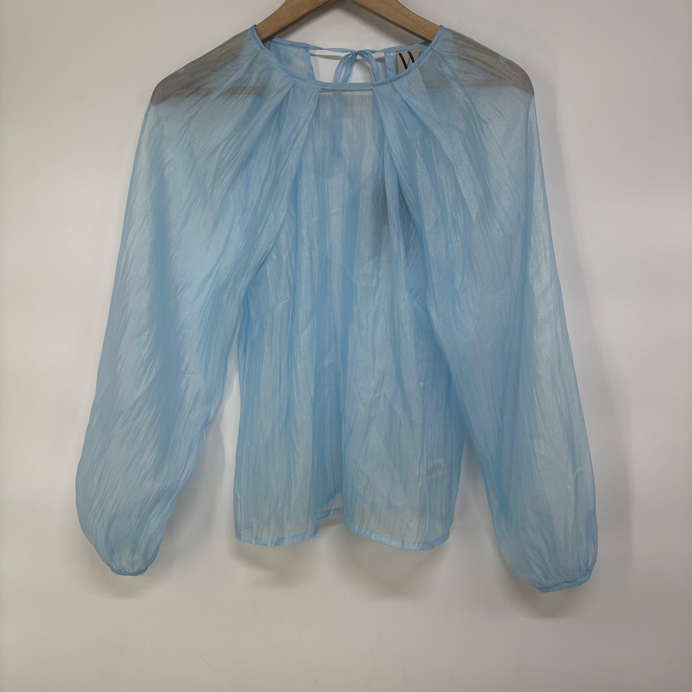 Womens Sheer Crinkle Fairy Top Blue Saturn Shimmer Tie Back XS Coquette Dainty